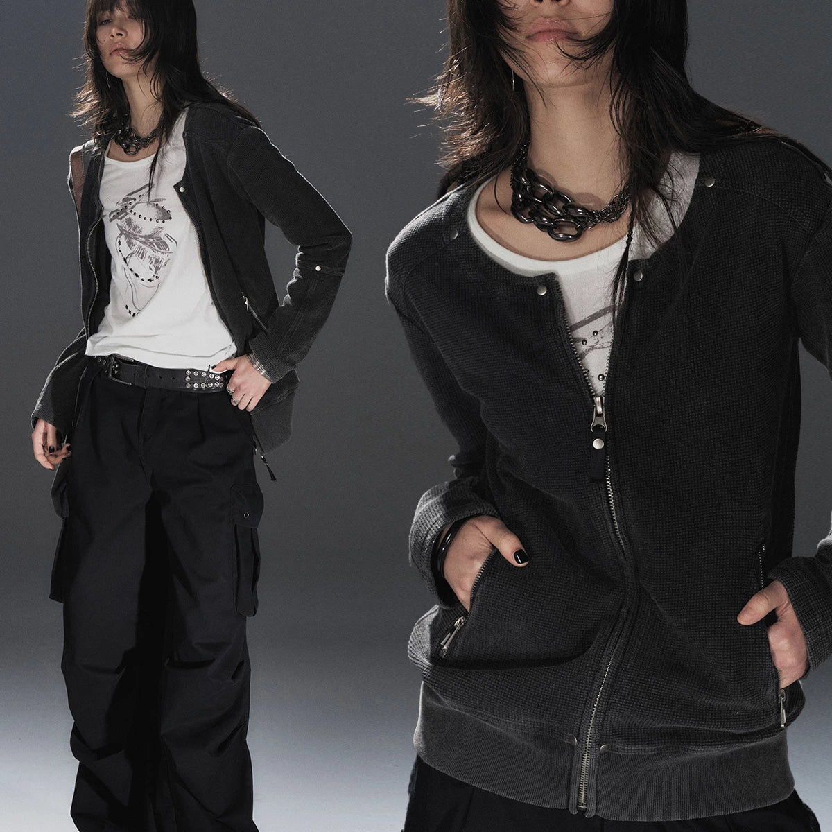 WearAndtear Loose Rivet Crew Neck Sweater Jacket