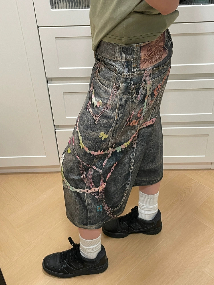 MMBBT Graffiti Print Washed Cropped Jeans