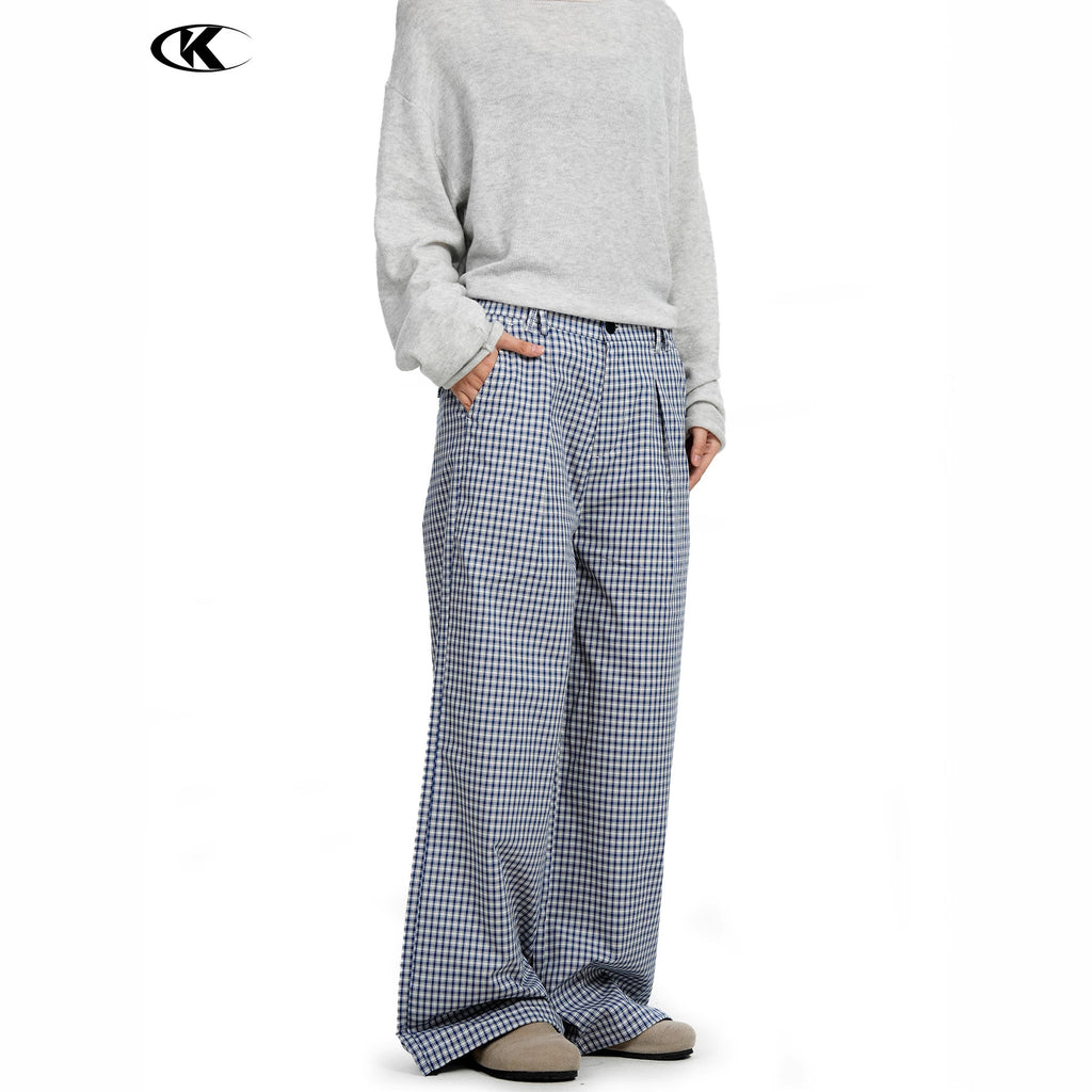 11KN Retro Pleated Plaid Versatile Straight Trousers