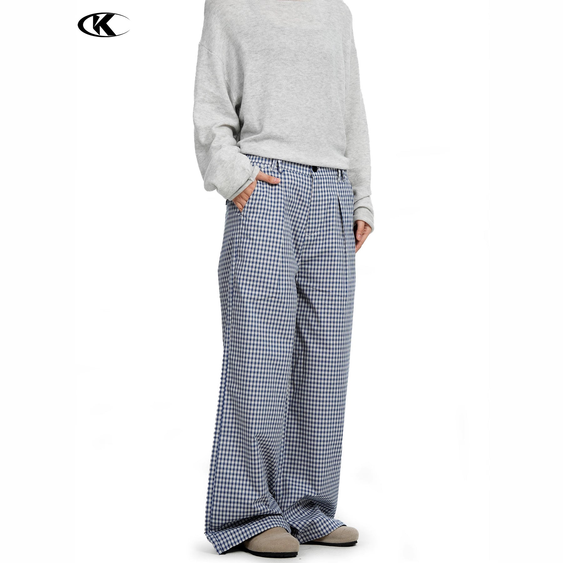 11KN Retro Pleated Plaid Versatile Straight Trousers