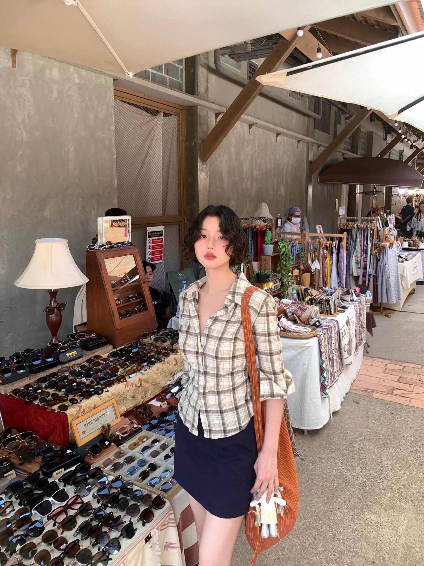 KELIFAN Retro Plaid Waist Short Shirt