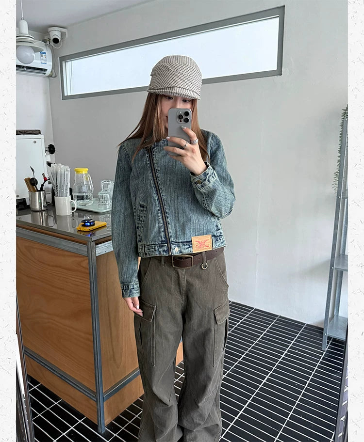 CCYE Retro Slanted Zipper Bamboo Denim Jacket