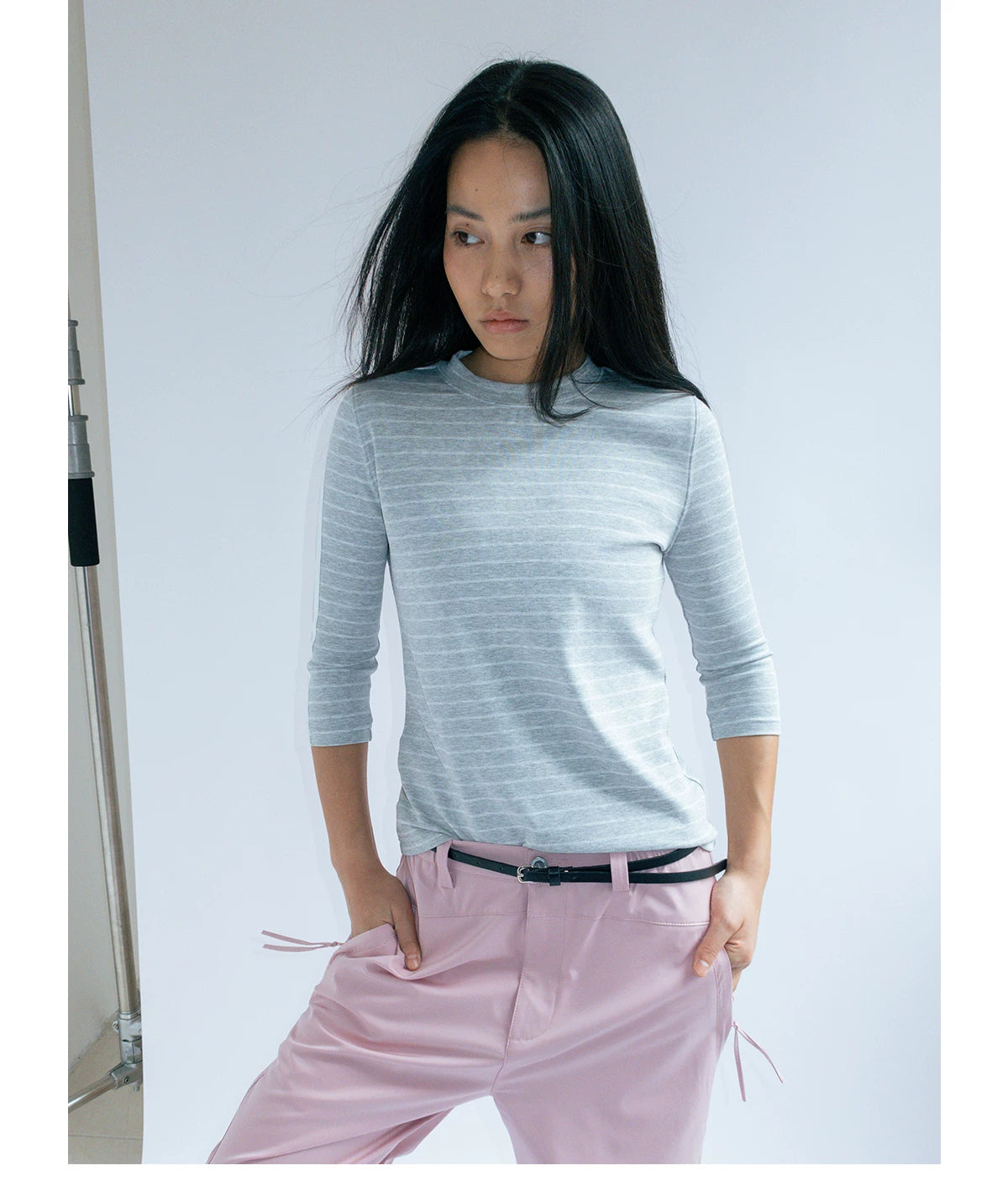FUNKYFUN Stretch Pinstriped Front Shoulder Tee