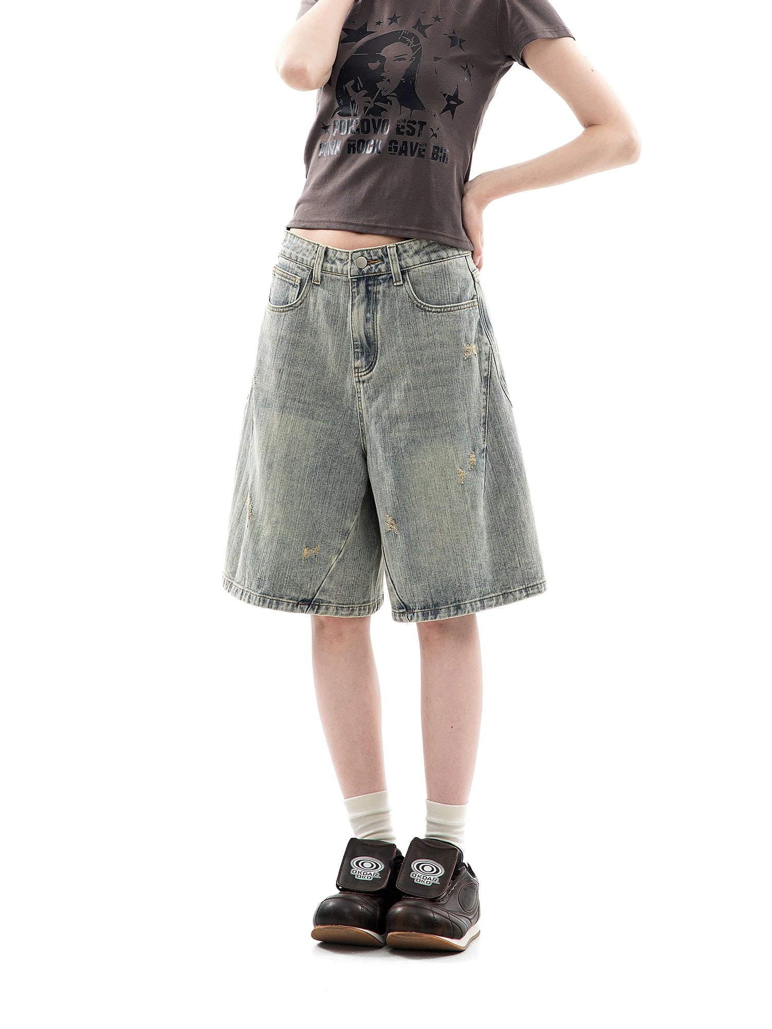 CHANT2nd Vintage Ripped Denim Wide Leg Shorts