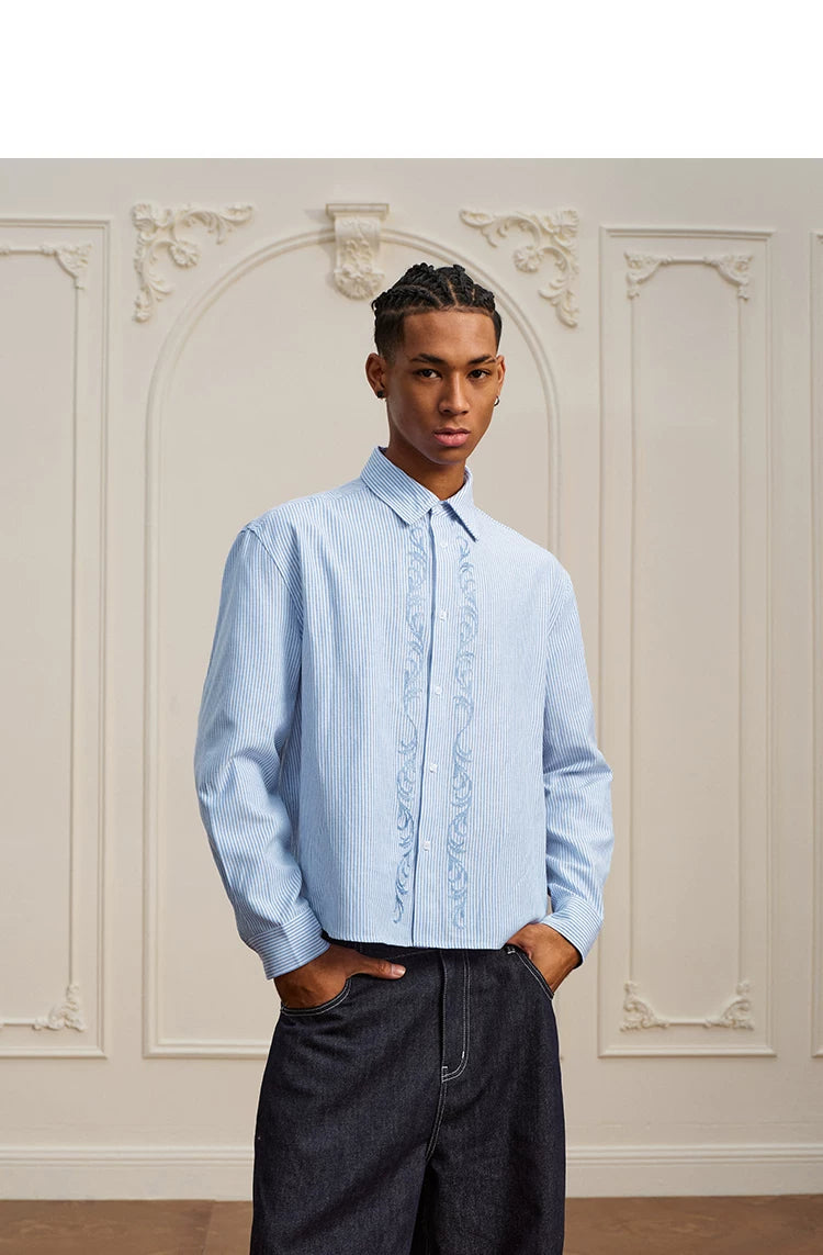 YADcrew Striped Embroidered Simple Casual Lapel Long Sleeve Shirt