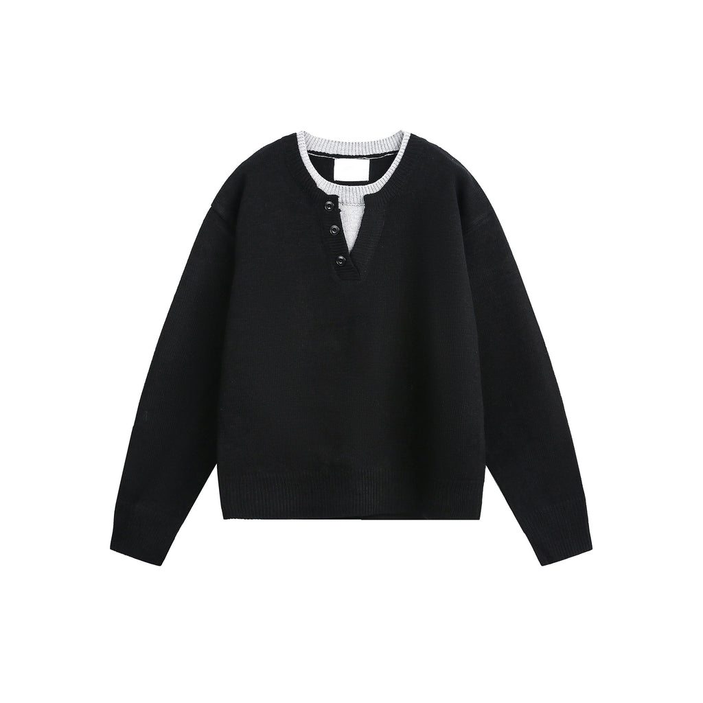 MADWITCH Retro Casual Contrasting Double-neck Knitted Sweater