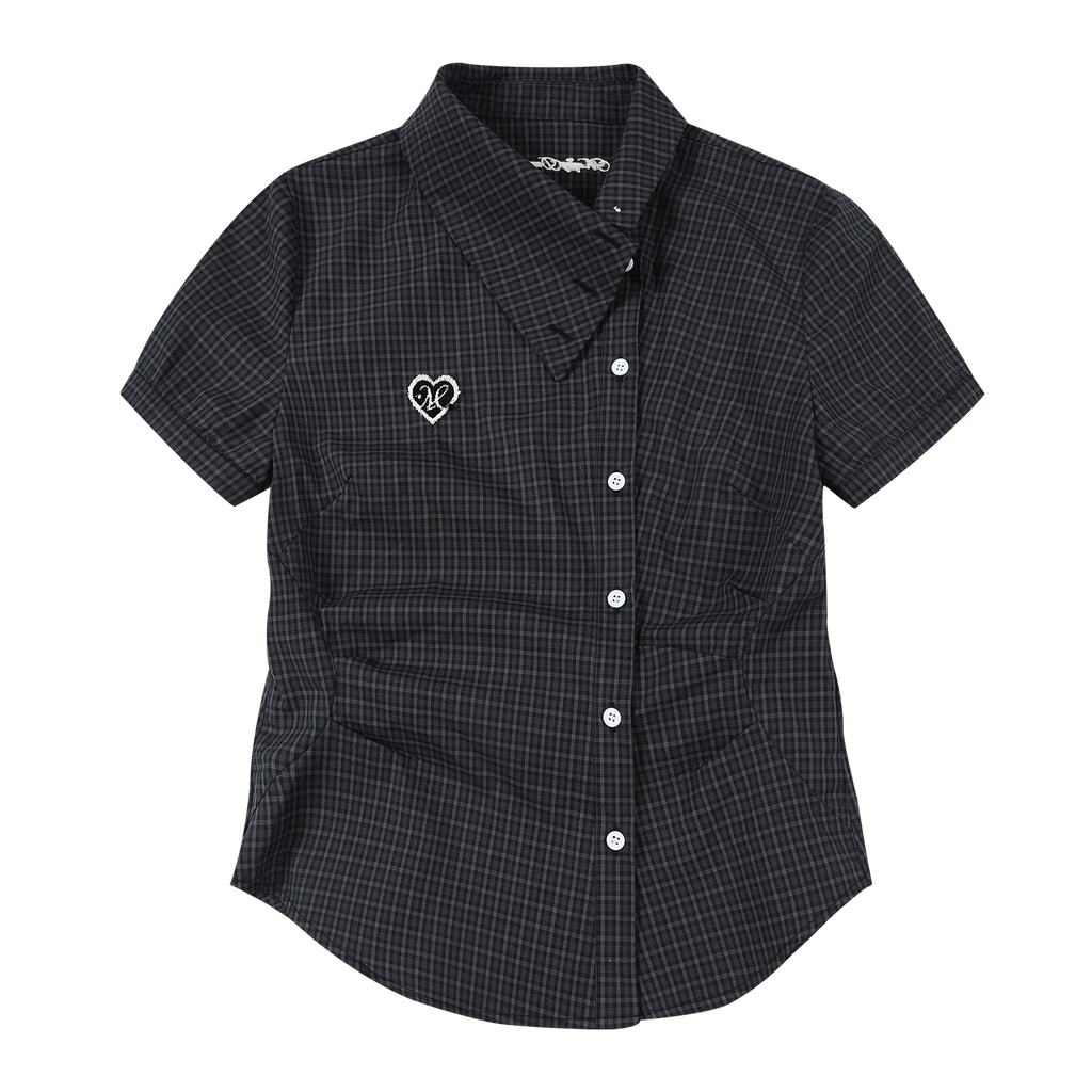 MEDM Plaid Diagonal Shirt with Waist and Thin Short Sleeves