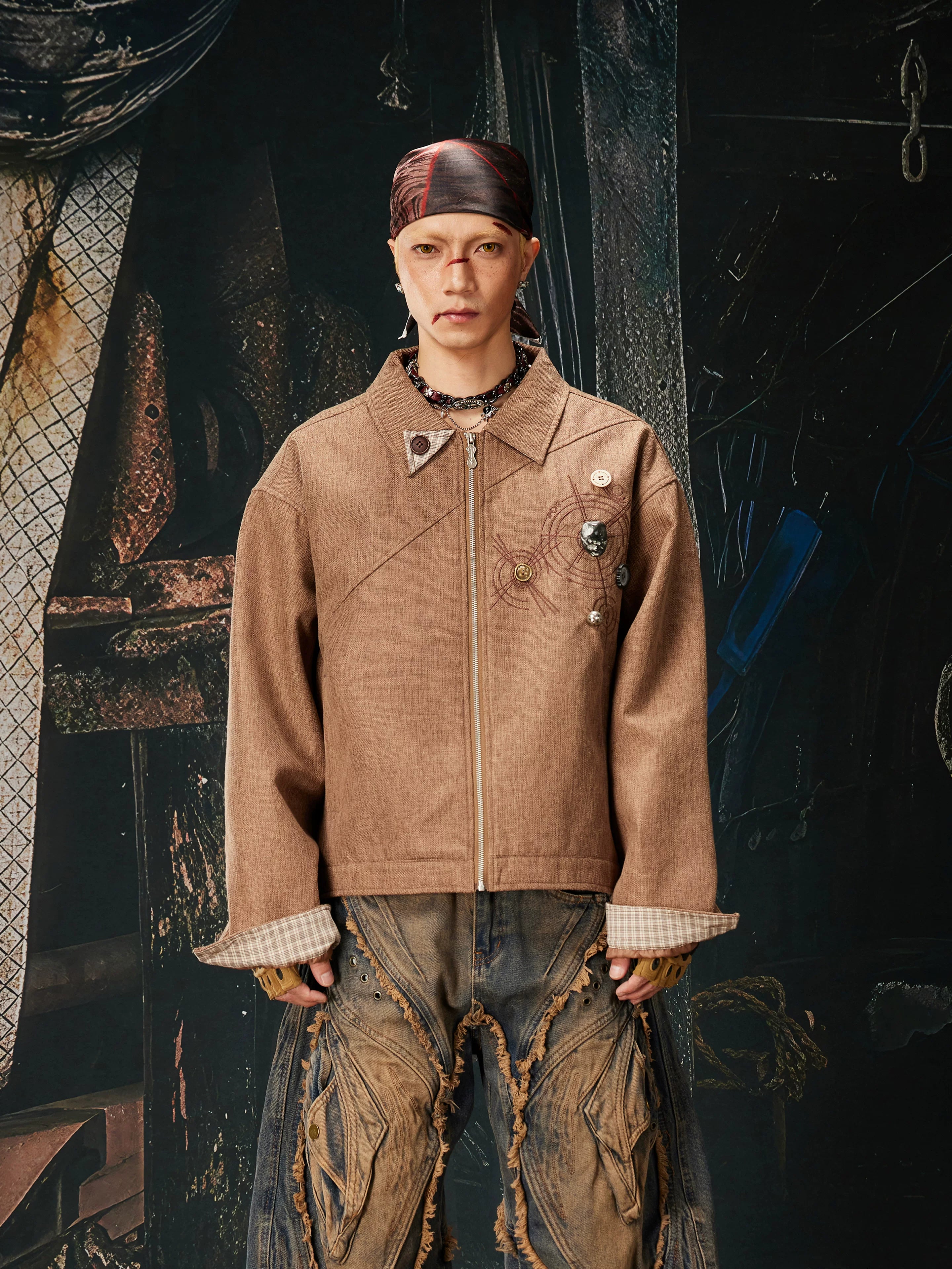 NOMANIAI Vintage Plaid Stitched Lapel Zip Jacket Jacket