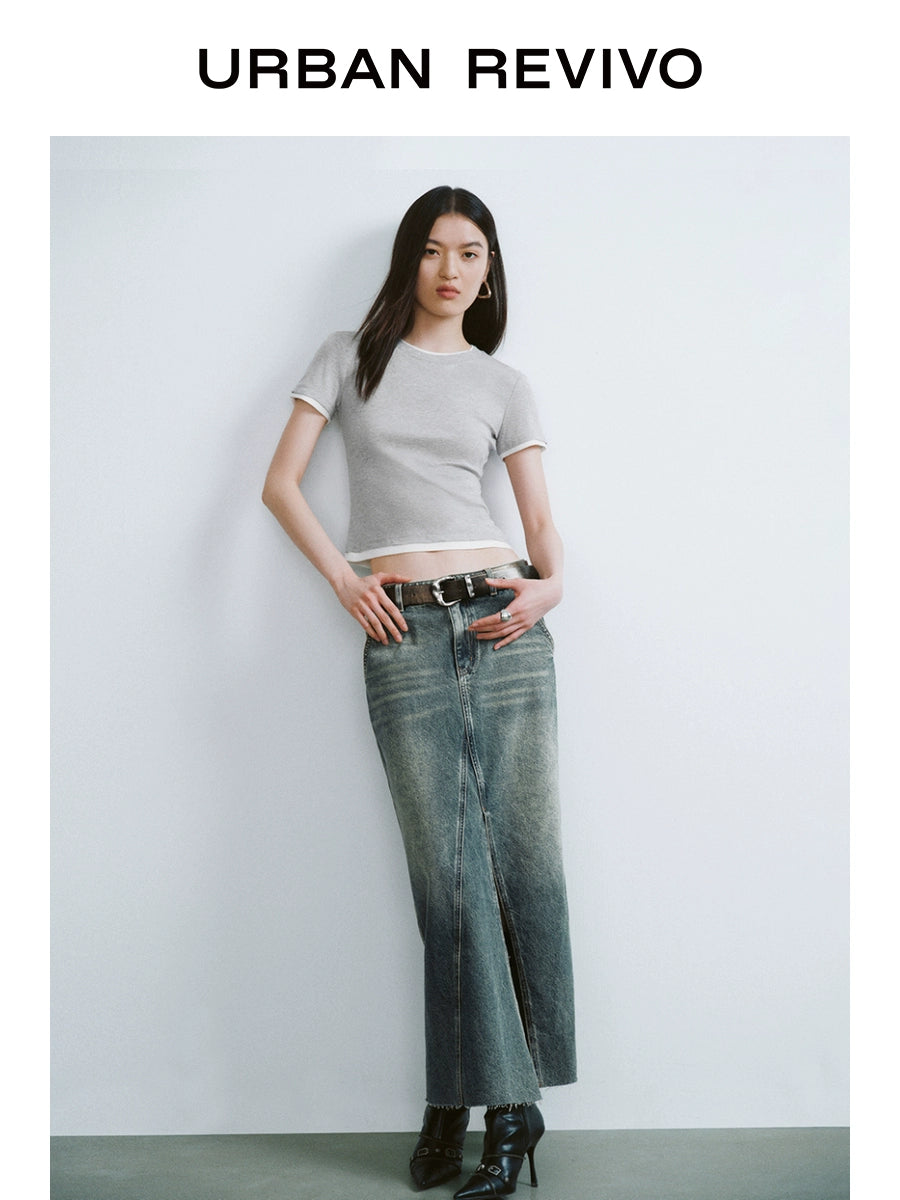 URBAN REVIVO Contrasting Splicing Fake Two-piece Crew Neck Tee