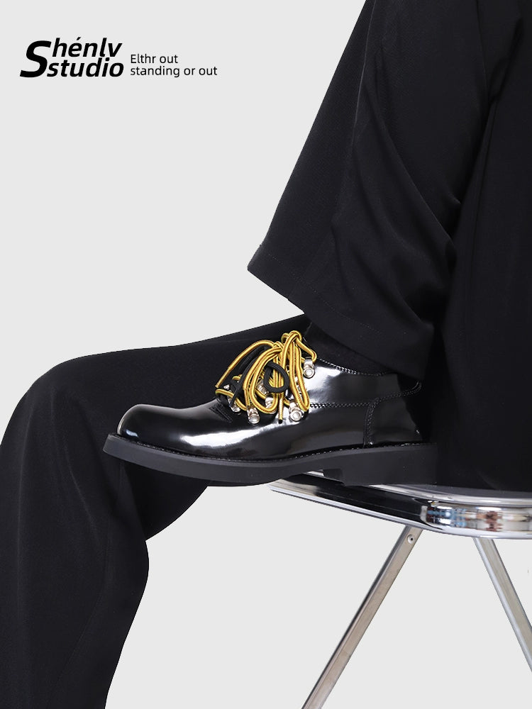 SHENLV STUDIO Patent Leather Glossy Contrasting Multi-lace Platform Leather Shoes