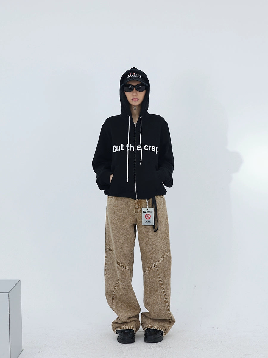 FUZZYKON Drawstring Hooded Letter Front Shoulder Sweater Jacket