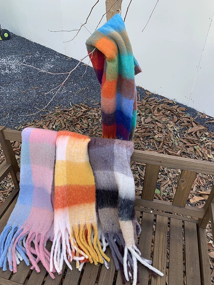 EAHO Korean Rainbow Plaid Contrasting Scarf