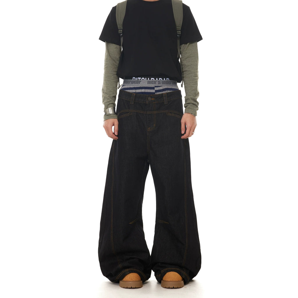 BTSG A-shaped bright line deconstruction primary scimitar jeans