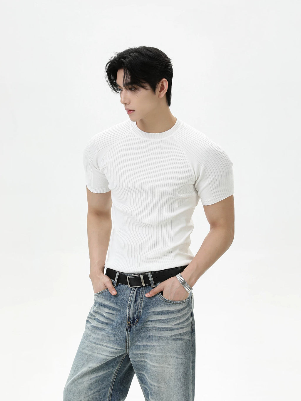 TURNTIDE Knitted Shoulder Slim Crew Neck Tee