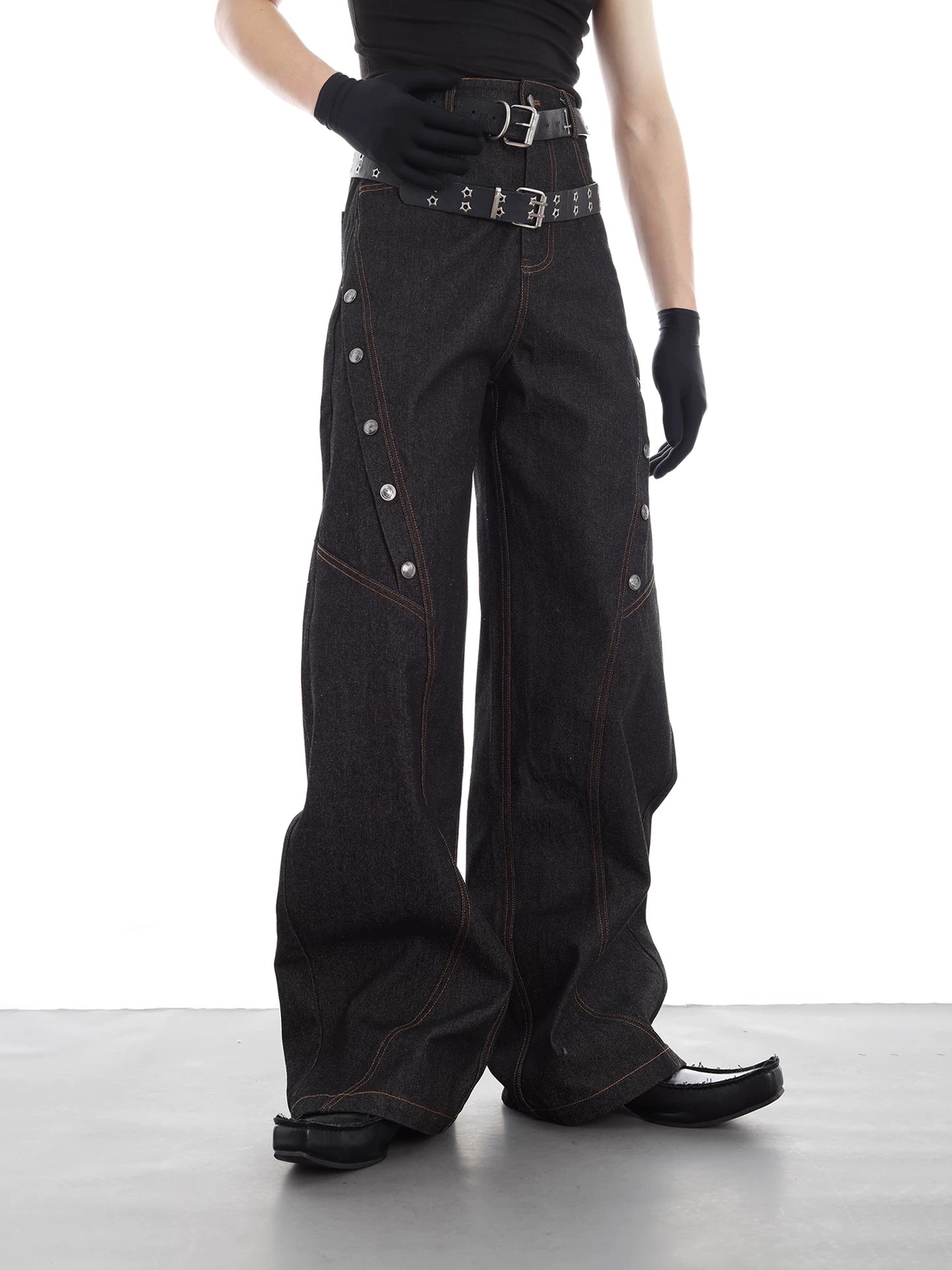 NUndeFineD Straight Skinny Metal Button Wide Leg Jeans