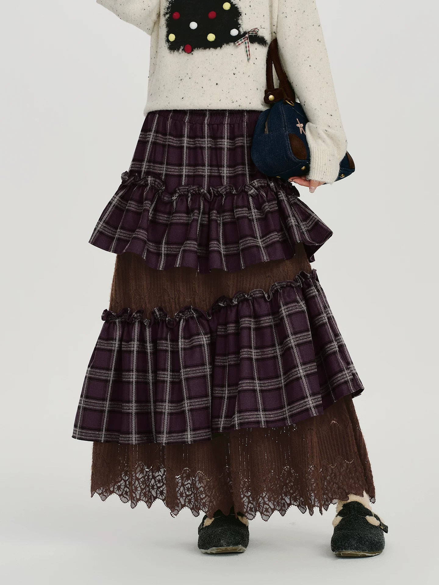 Girlyhalo Vintage Plaid Lace Patchwork Skirt