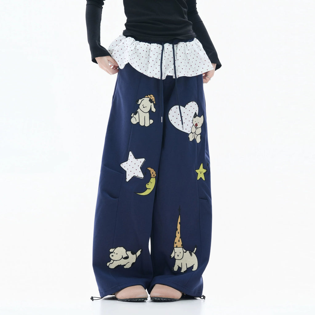 Zuocisankon Polka Dot Fart Curtain Cartoon Embroidered Sweatpants