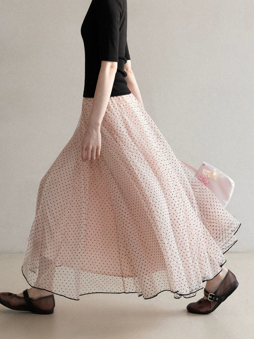 Cantonstory Polka Dot Gauze Skirt High Waist Skirt