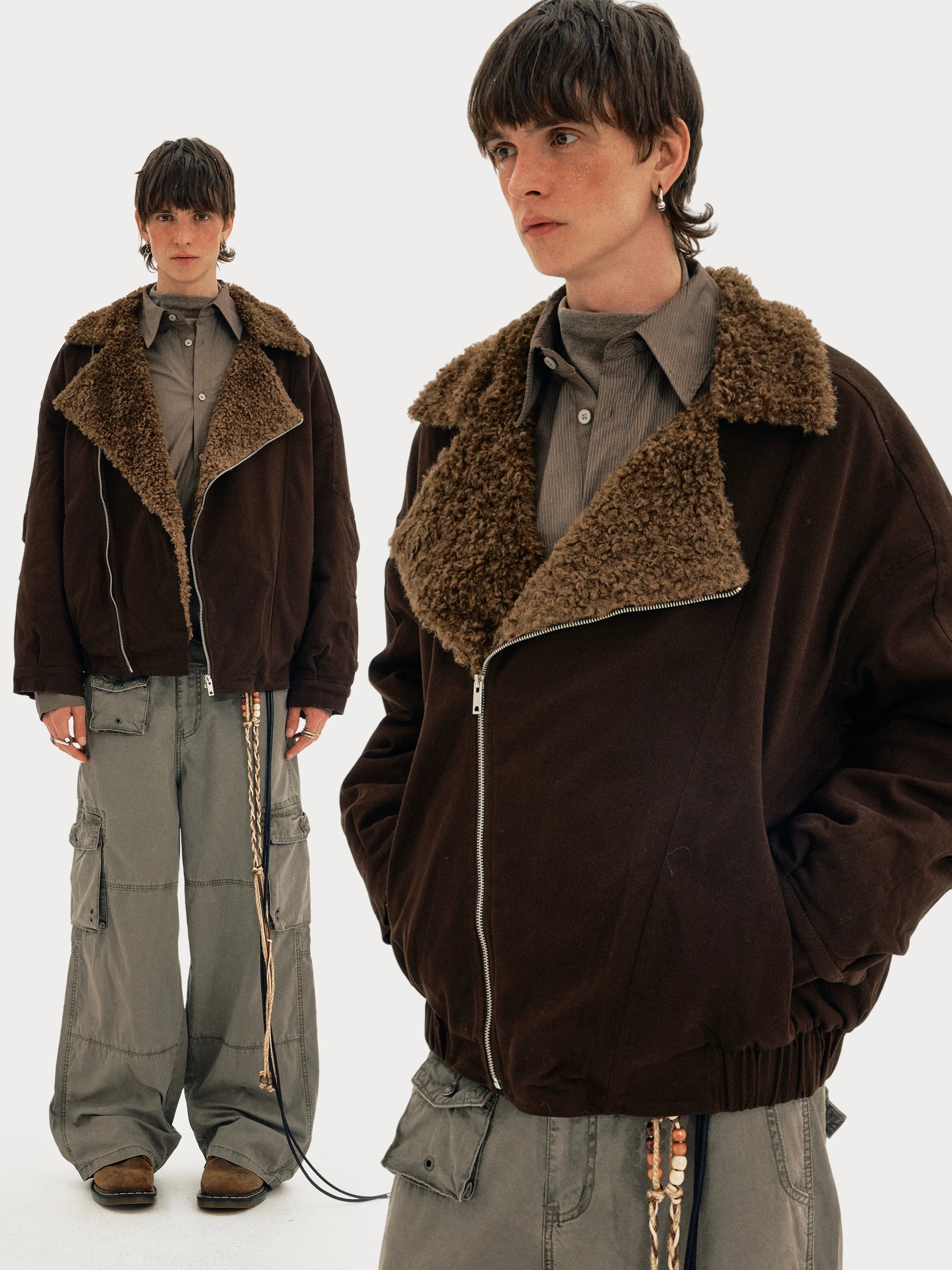 MADWITCH Vintage Slant Zipper Lamb Fur Collar Cotton Clothing