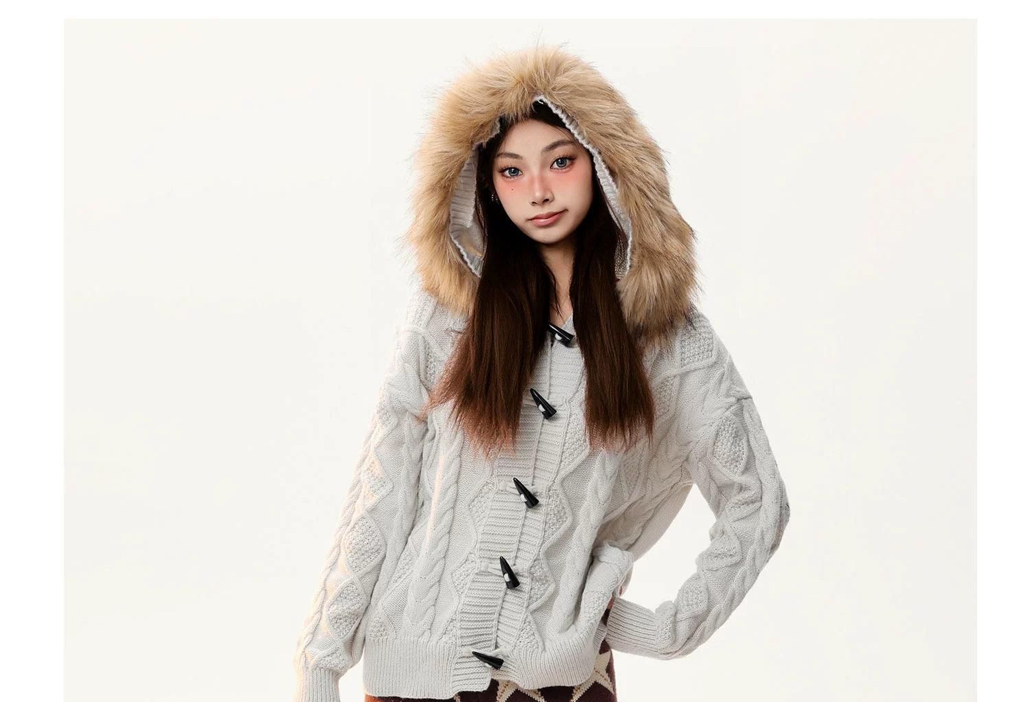 Mershier Fur Collar Twist Hooded Knitted Jacket