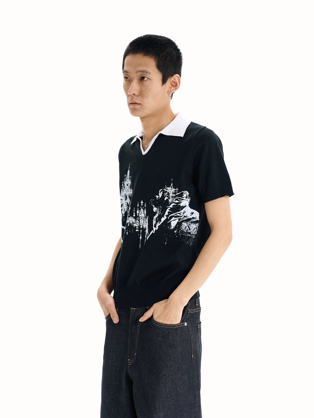 WANNA LAB Front Shoulder V-neck Polo Knitted Tee