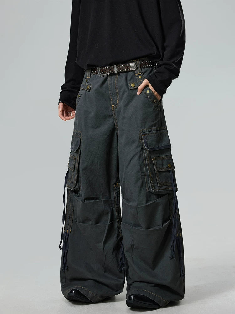 BTSG Blockbuster Wash Design Multi-Pocket Wide Leg Pants