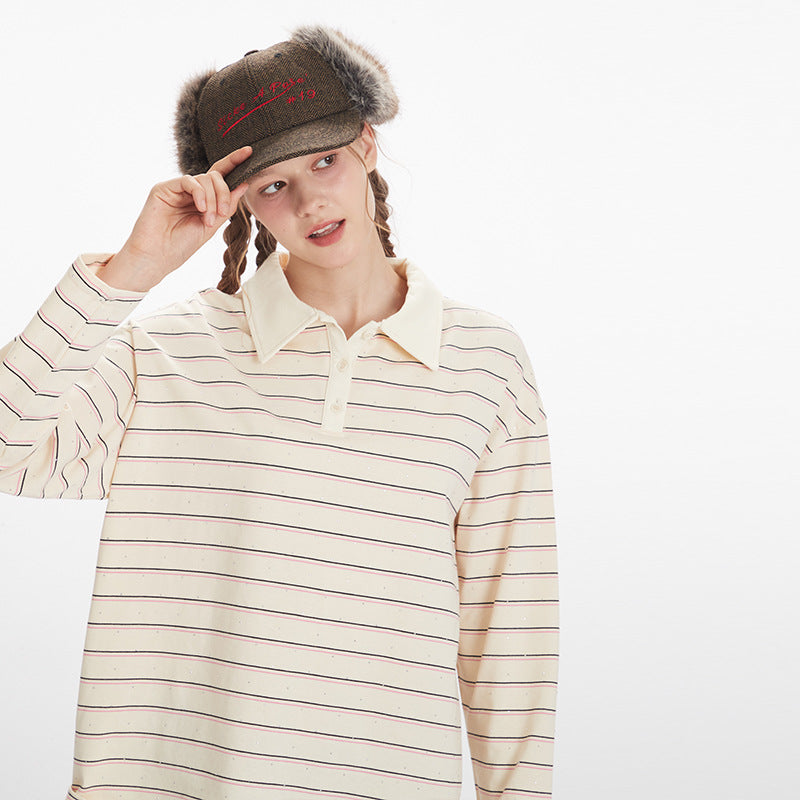 Nariele Hot Diamond Striped Loose Long Sleeve Polo Shirt