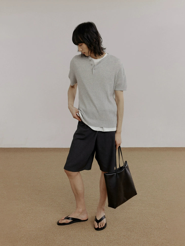 COLN Solid Color Simple Henry Collar Tee