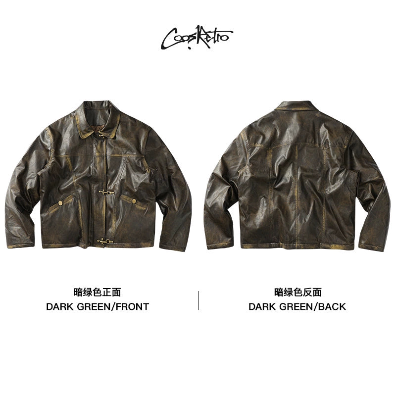 CoosRetro Vintage Vintage Plane Button Leather Jacket