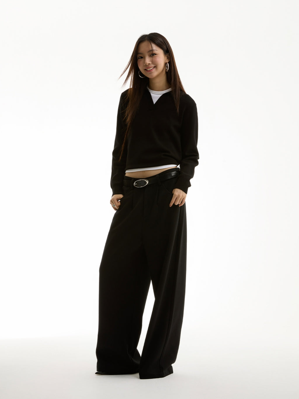 FUNKYFUN Plain Weave Polo Lapel-neck Knitted Sweater