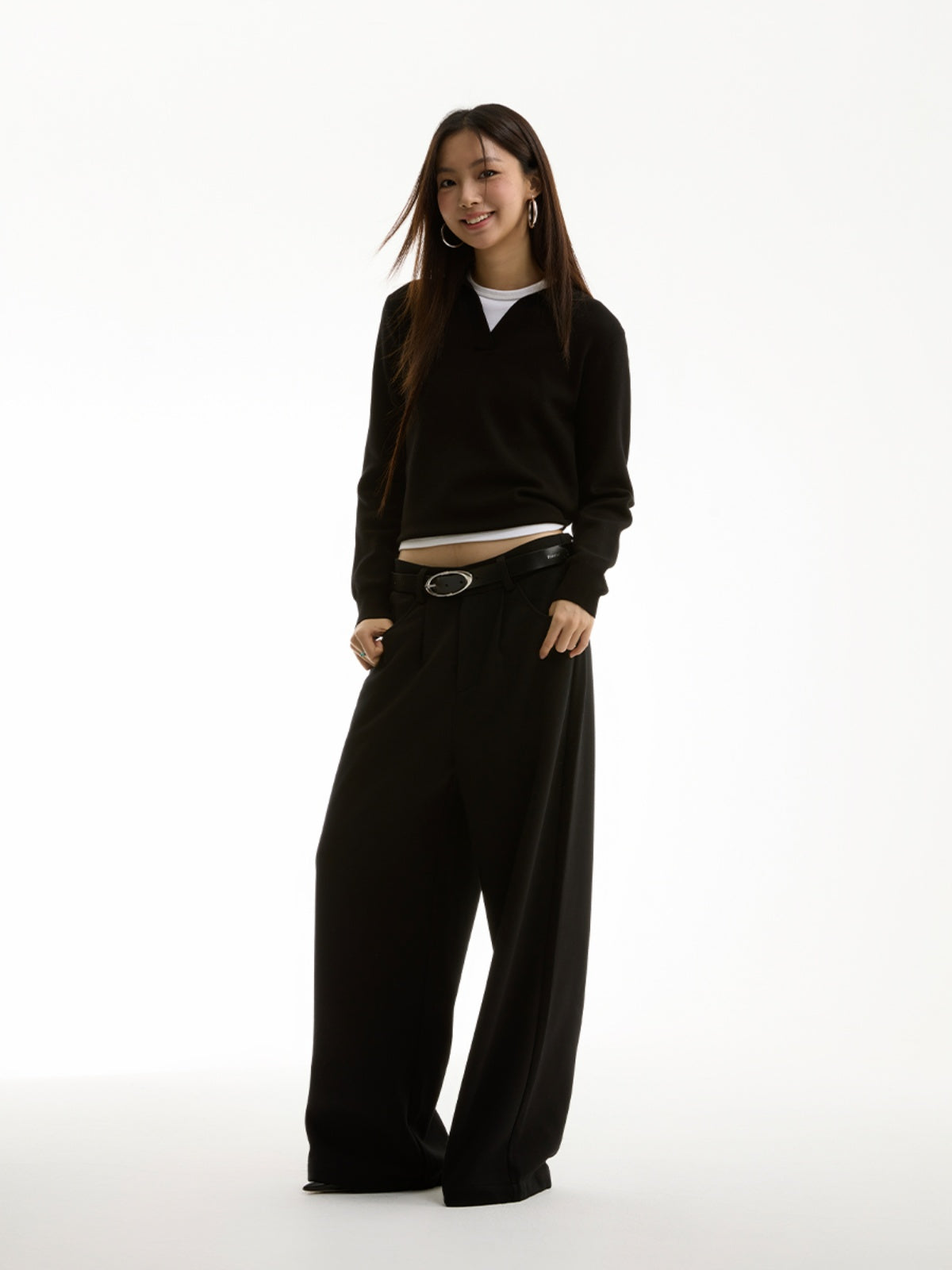 FUNKYFUN Plain Weave Polo Lapel-neck Knitted Sweater