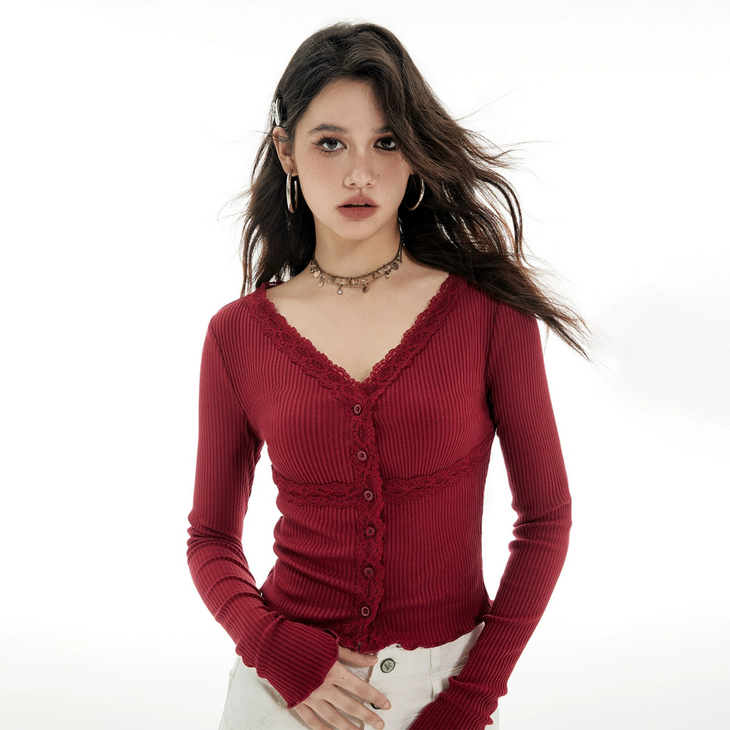 Imone Simple Pit Strip Splicing Lace V-neck Knitted Sweater