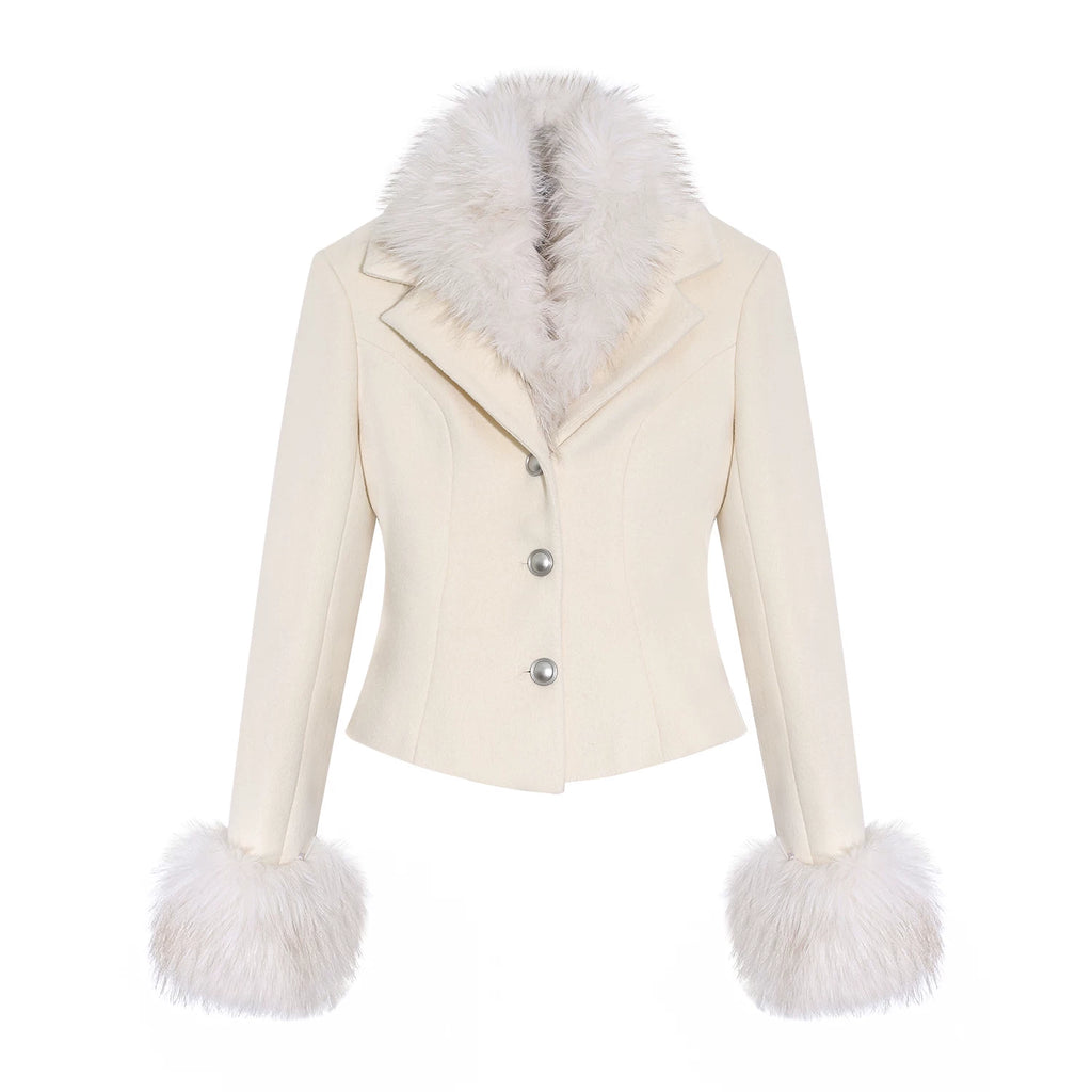 LLROGE Fur Collar Waist Woolen Jacket Skirt Two-piece Set