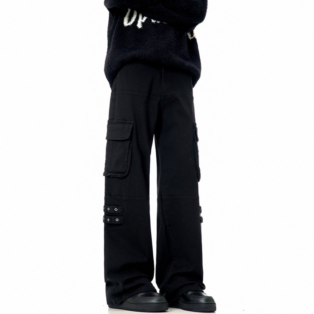 11KN black straight strap loose wide-leg pants