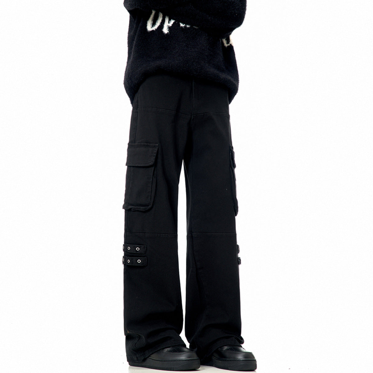 11KN black straight strap loose wide-leg pants