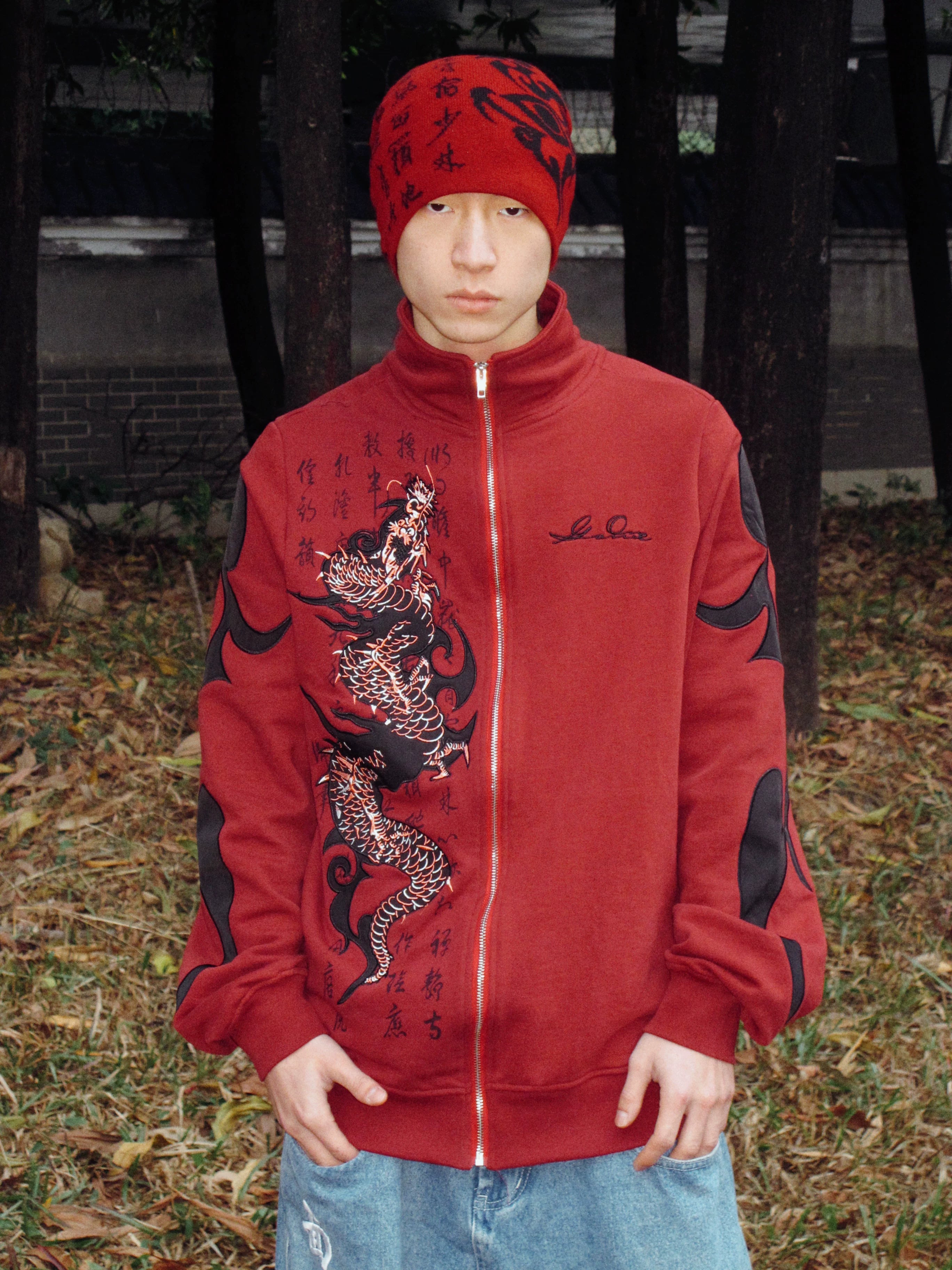 Game One 25FW "Red Dragon" Totem Embroidery Heavy Zip Sweater Jacket