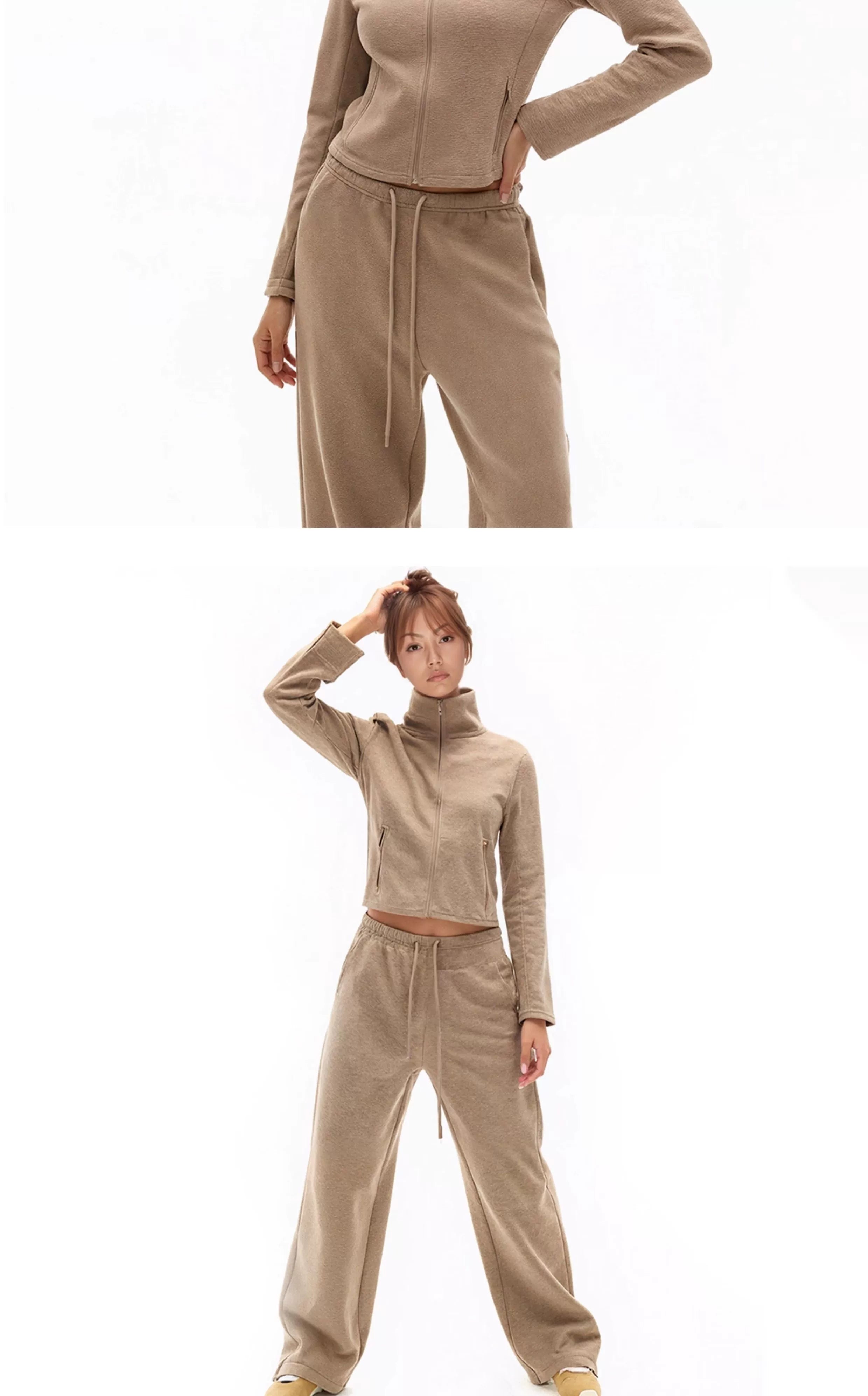 SHE SEEK Vintage Turtleneck Zip Sweater Jacket Casual Banana Cone Sweatpants Set