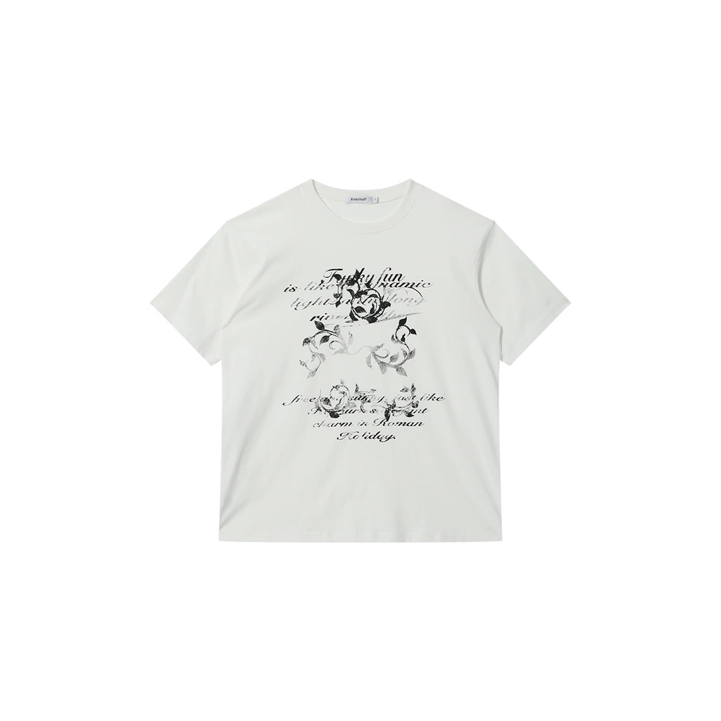 FUNKYFUN Old Mottled Flower Slogan Printed Tee