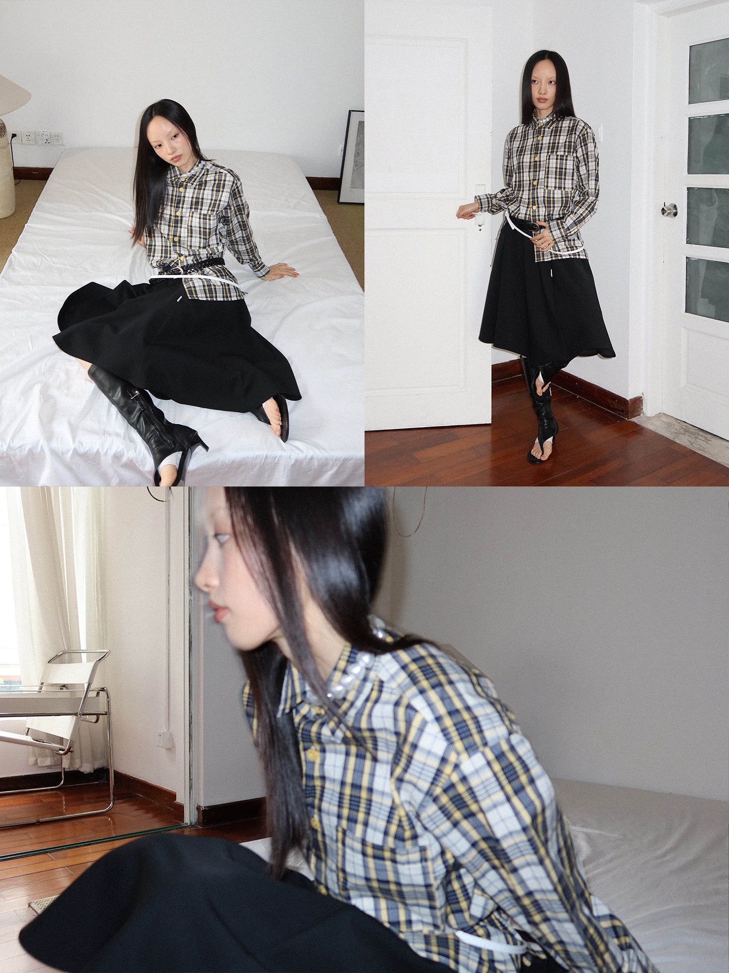 FUNKYFUN Contrasting Checked Loose Long-sleeved Shirt