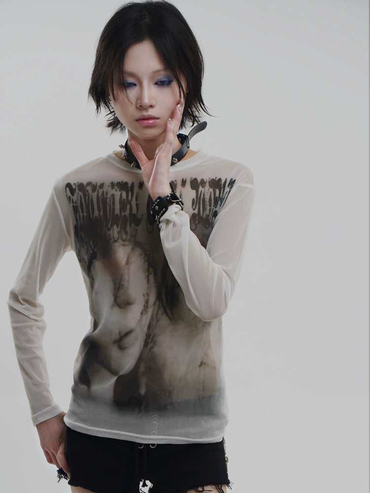 WEBBAR Original Goth Emo Artist Joint Long-sleeved Mesh T-shirt