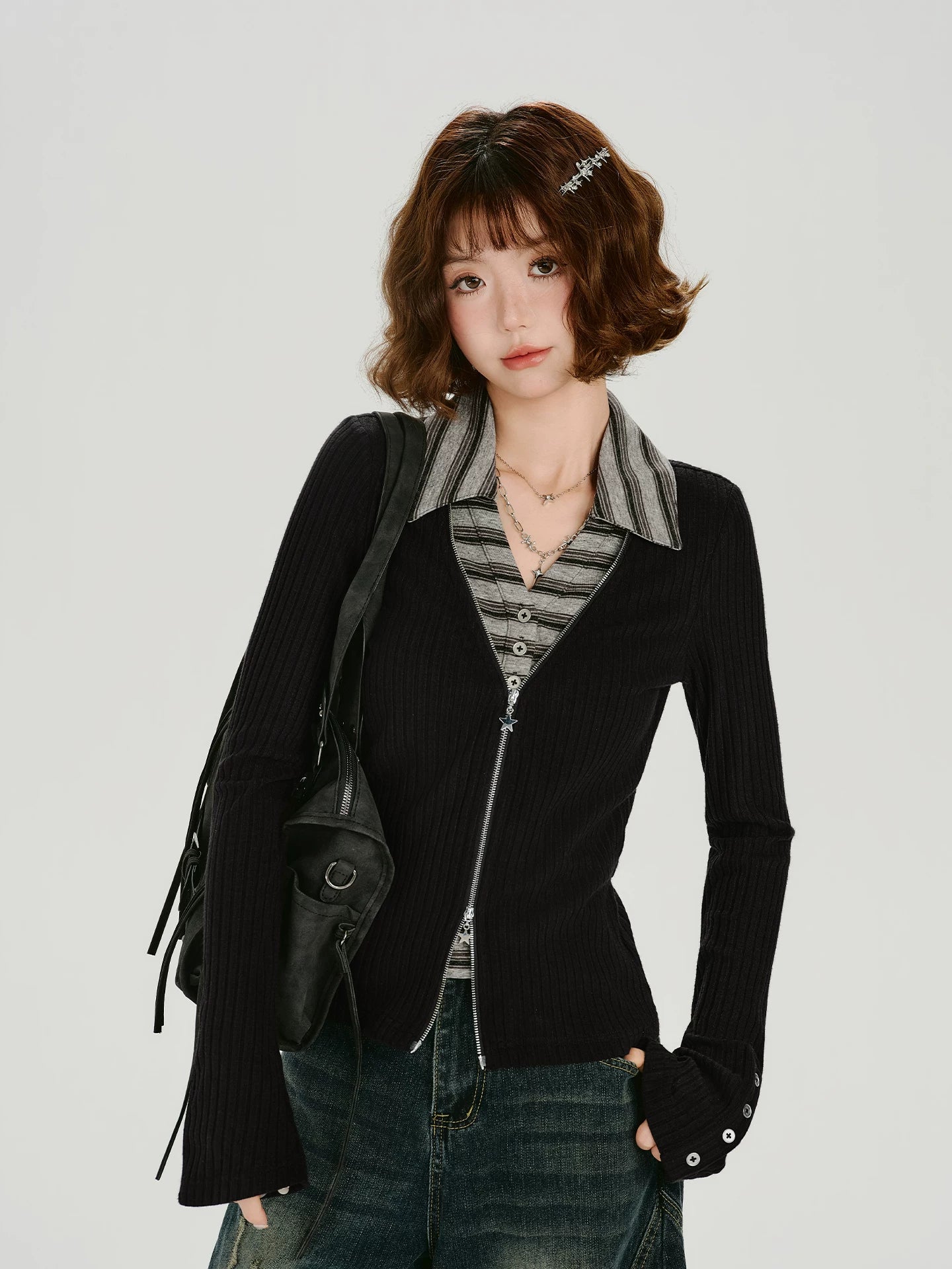 Girlyhalo Vintage Fake Two-Piece Slim-Fit Long Sleeve