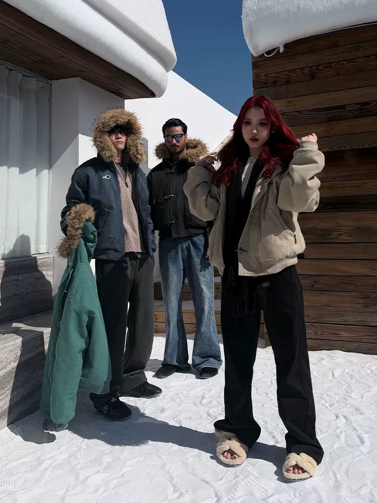 ZOZOFOREST Removable Fur Collar Plush Bead Canvas Seat Mountain Carving Jacket