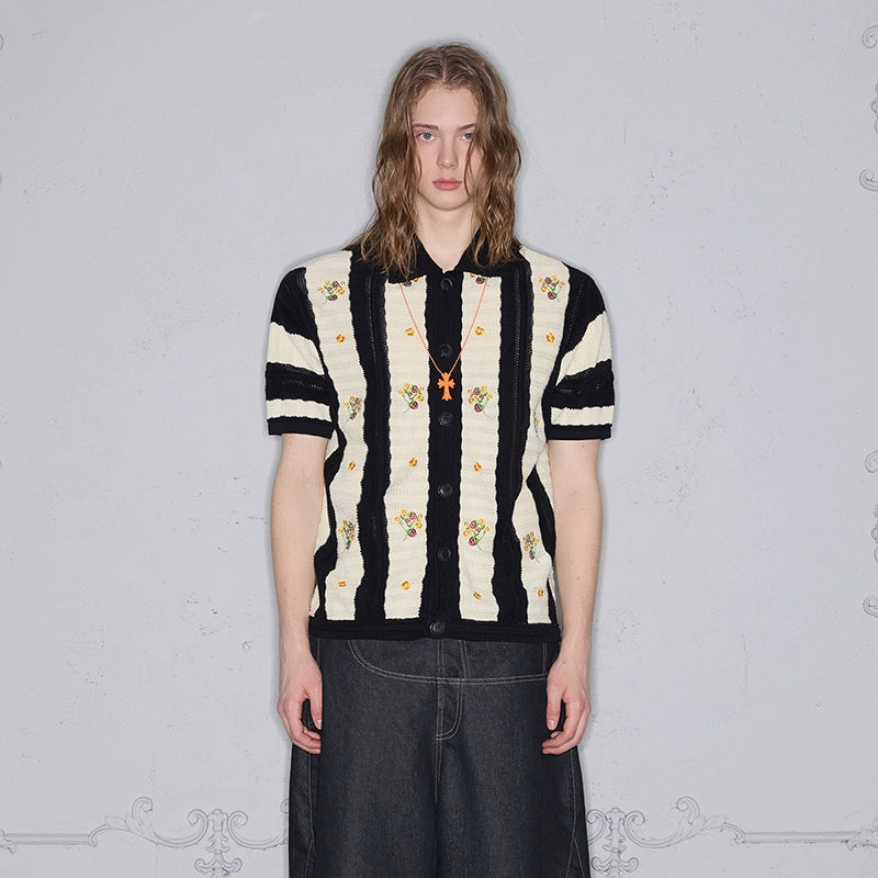 Rocawear Strawberry Flower Embroidered Knitted Short Sleeve Shirt