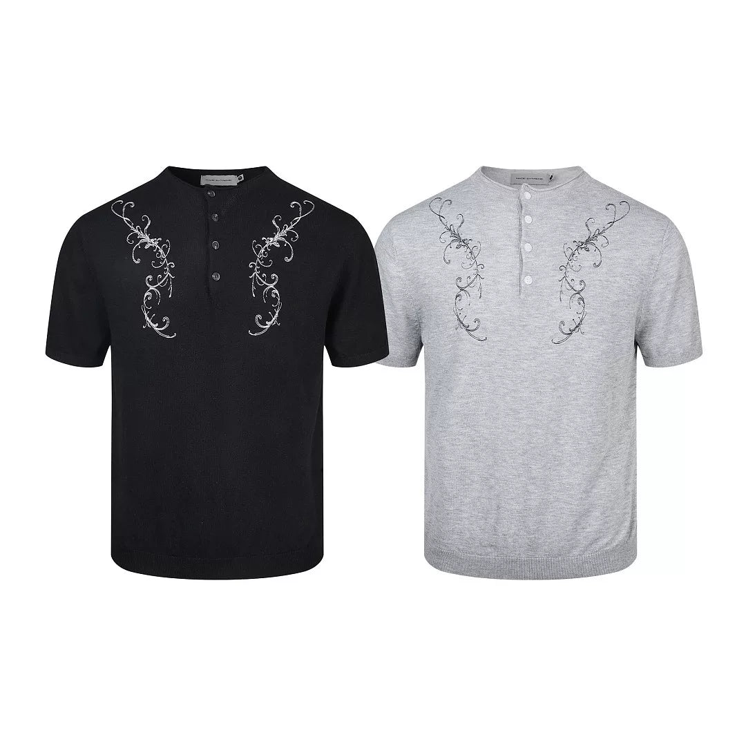 EME Crew Neck Floral Embroidery Knitted Breathable Tee