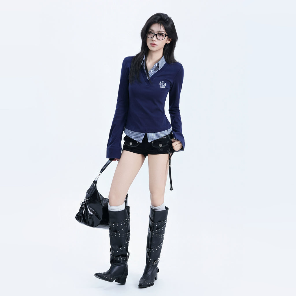BF. BORFEND Korean College Style Checkered Fake Two-piece Splicing Long Sleeve