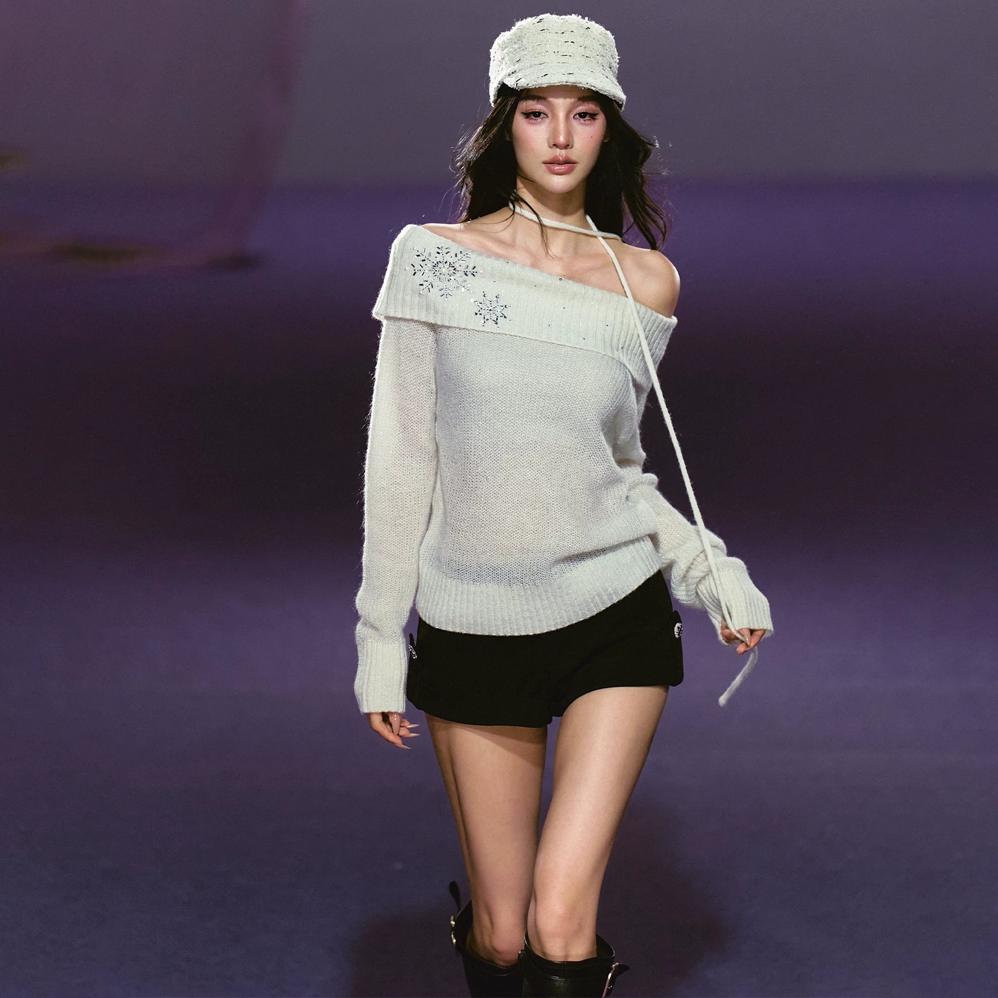 AGAM Hot Diamond Lazy Shoulder Knitted Sweater
