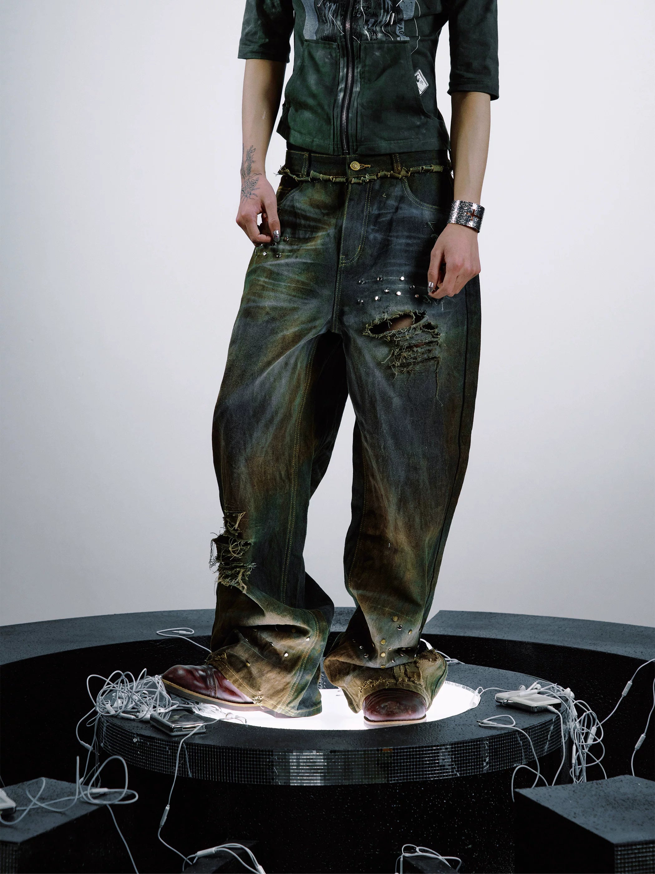 PAIKI Ripped Burr Straight Loose Jeans