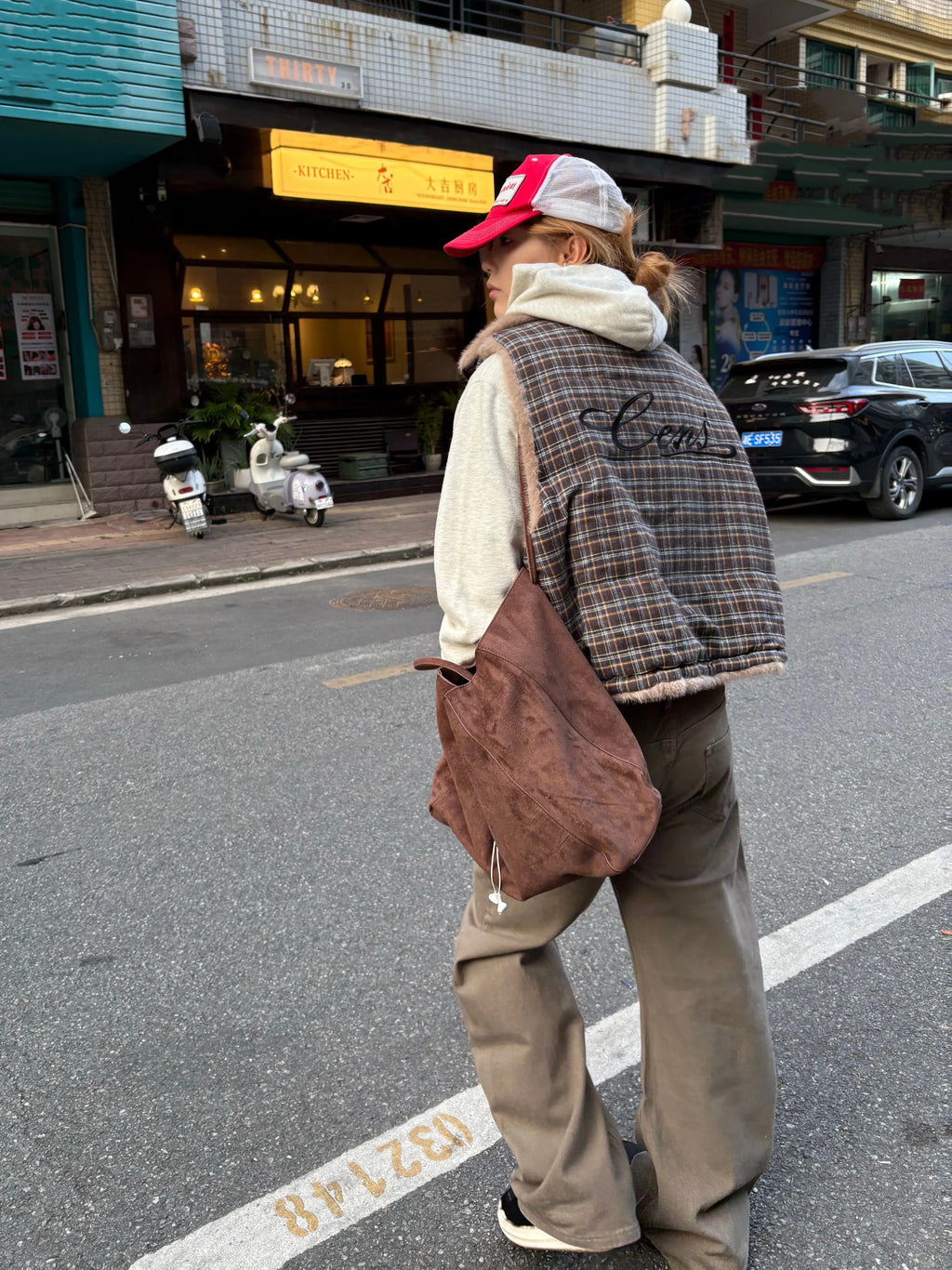 CENSMADE Embroidered Mink Imitation Rabbit Hair Plaid Double-sided Vest