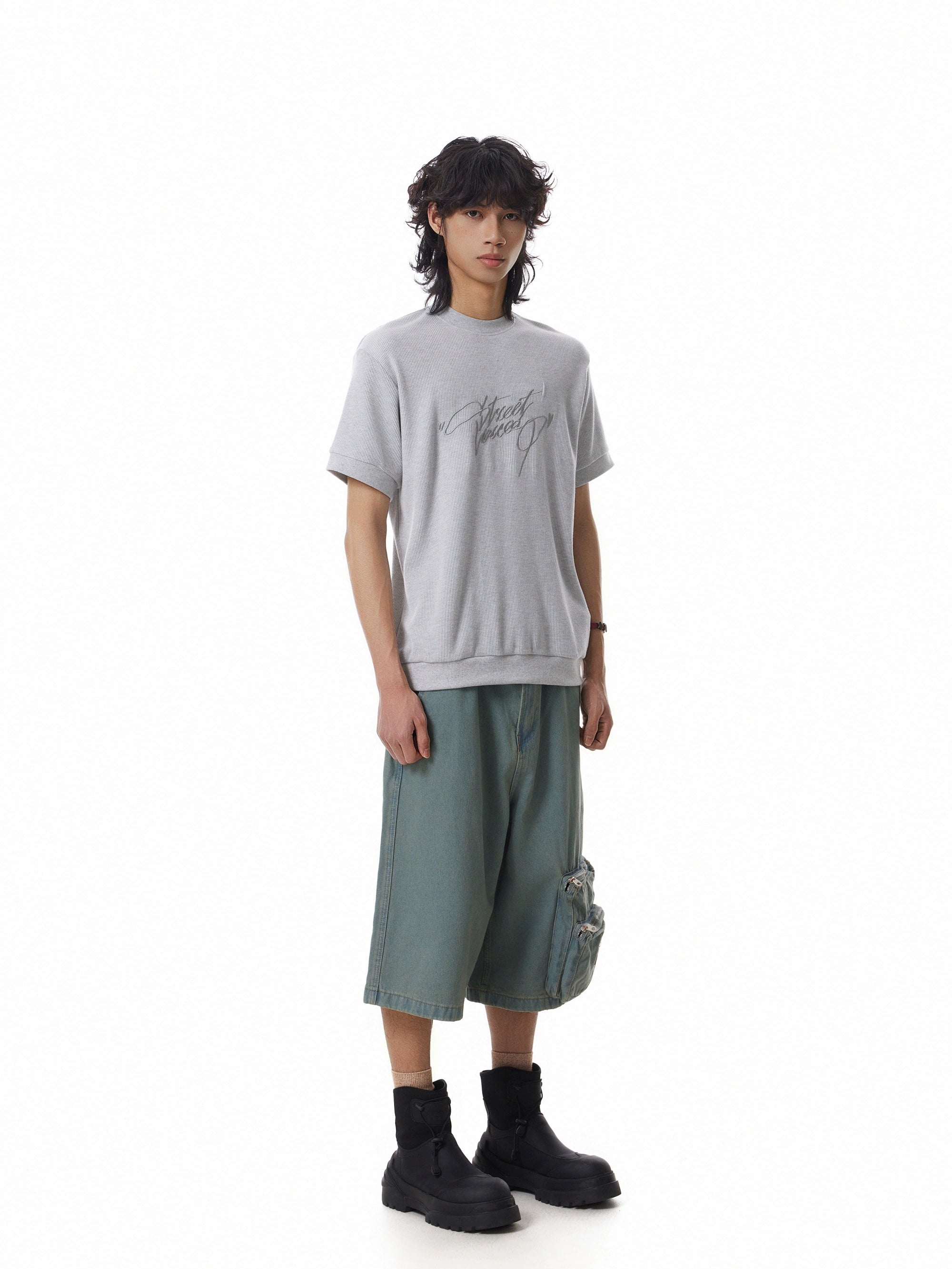BTSG Embroidery Letter Waffle Threaded Cuff Tee