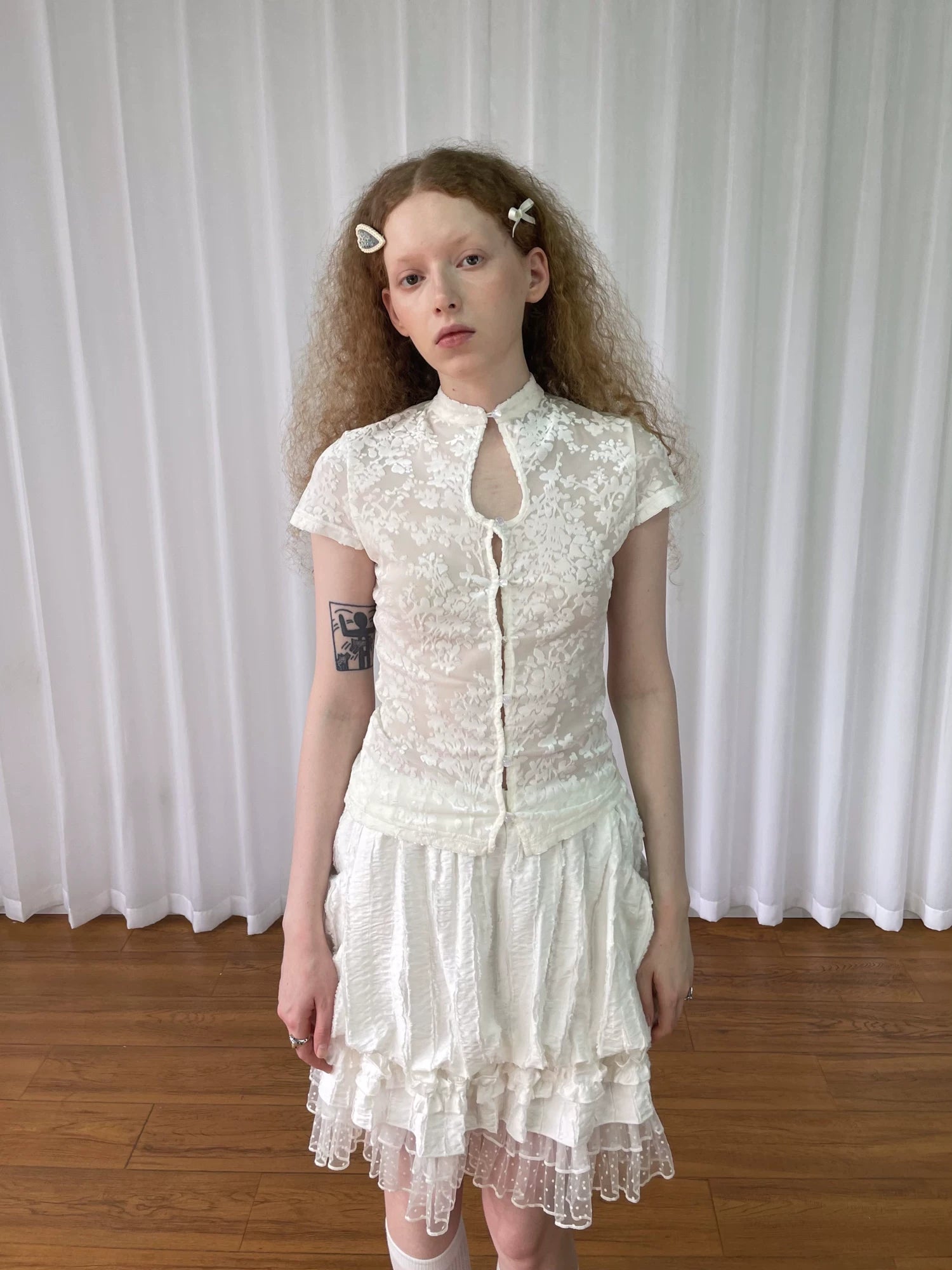 Loosesmell Jacquard Spliced Lace Waist Shirt